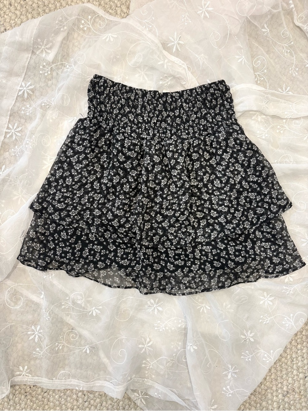 Black Floral Smocked Waist Tiered Flowy Mini Skirt